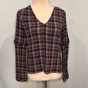 MADEWELL navy and brown plaid cotton v neck pullover Size M